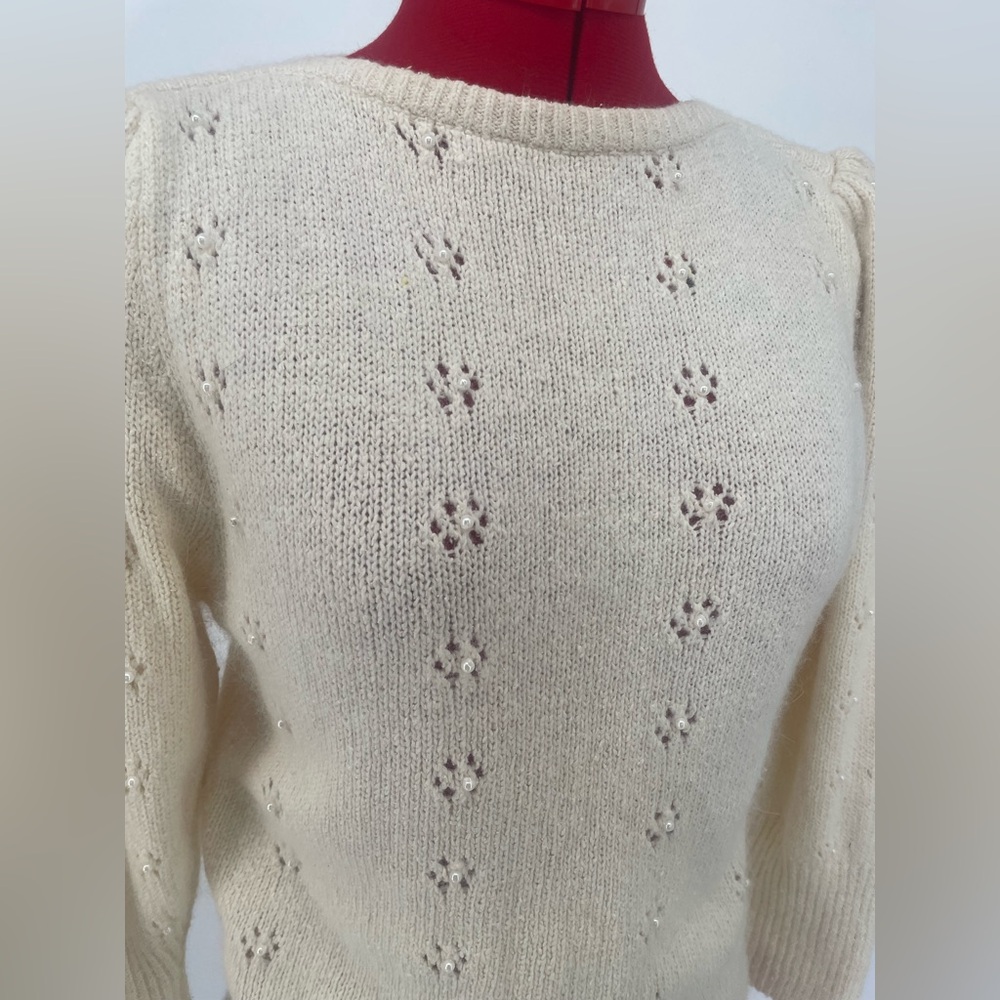 Vintage 80s Silk & Angora Cream Knit Sweater With Floral Cutouts & Pearl Centers - Picture 3 of 15